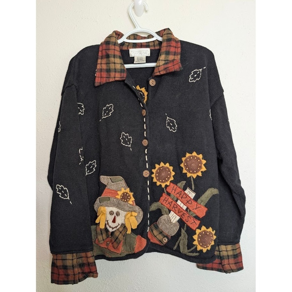 Mandalay Bay Womens Happy Harvest Scarecrow Cardigan L Black Plaid Fall Sweater